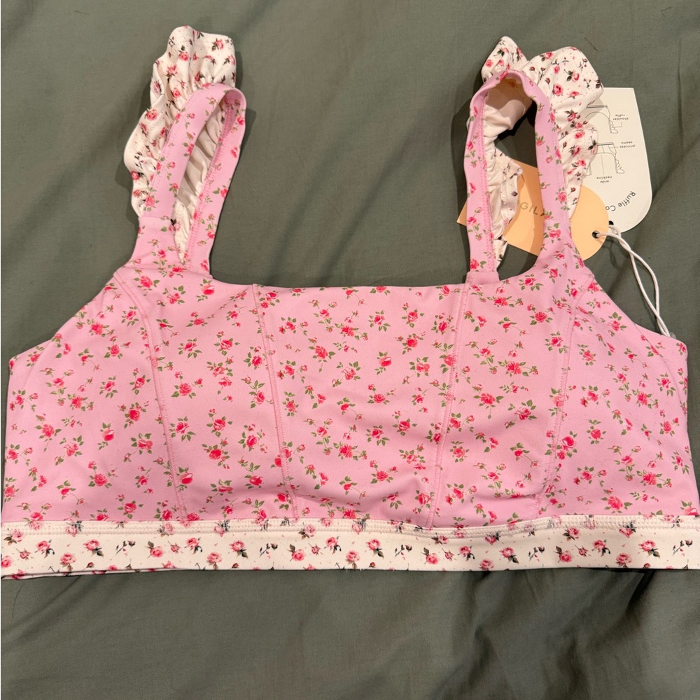 Blogilates Pink Floral Ruffle Corset Bra